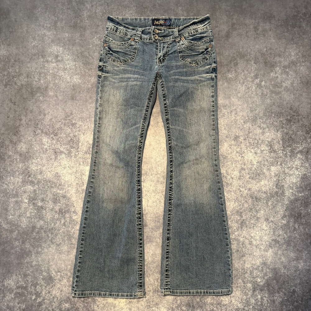 Vtg Y2K Angels Women Size 7 Low Rise Flare Leg Jeans Flap Pocket Contrast Stitch